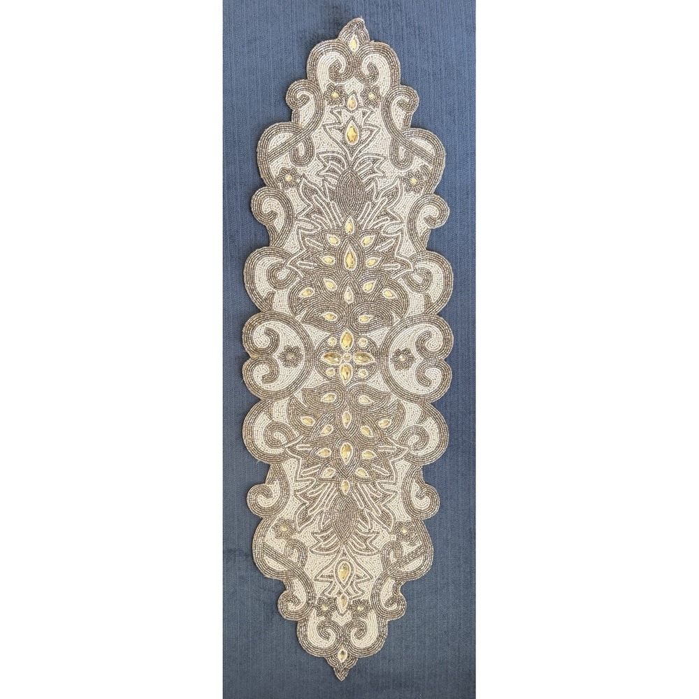 Vintage Pier 1 Heavy Beaded Table Runner Rhinestones Seed Beads Ecru Tan 12 X 39